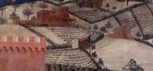 Ambrogio Lorenzetti Effetti del buon governo, particolare del paesaggio della campagna con una casa-torre e le varie case poderali.