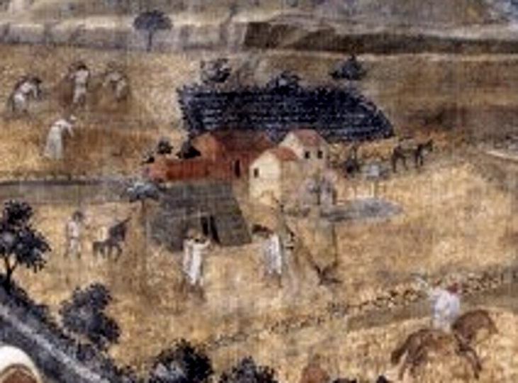 Ambrogio Lorenzetti Gli effetti del buon governo , l'affresco mostra le case vegetali dei contadini