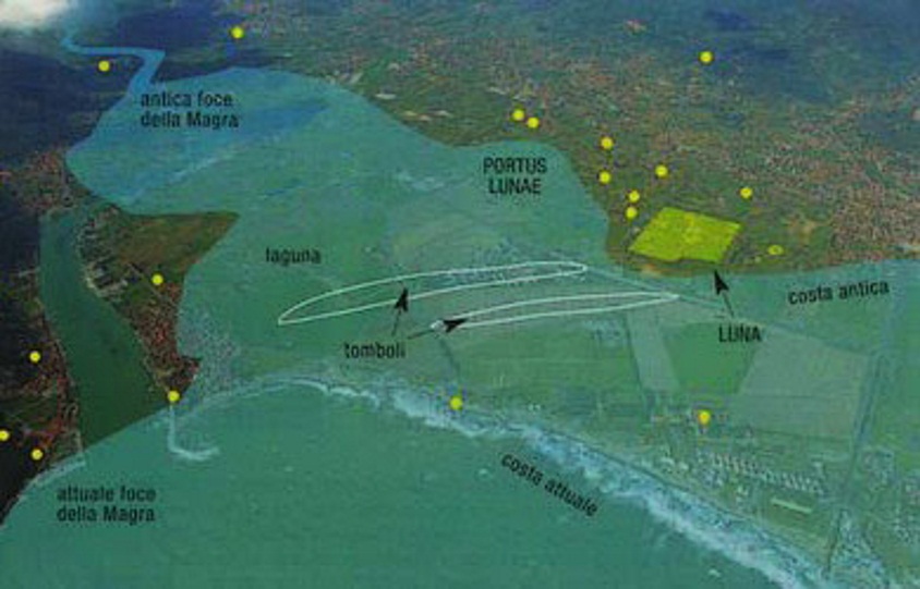 Luni, ricostruzione della antica linea di costa e del percorso del fiume Magra