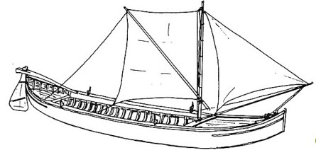 Disegno di un barchetto, un navicello di 7-10 metri per la navigazione fluviale