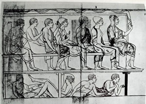 tomba delle Bighe (particolare parete di fondo, tribuna di sinistra) tratta da Le Donne in Etruria, cit., tav LXVII